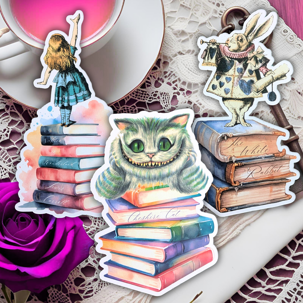 Lot de 3 marque-pages illustrés « Alice, Cheshire Cat & White Rabbit » – Collection Alice in Wonderland
