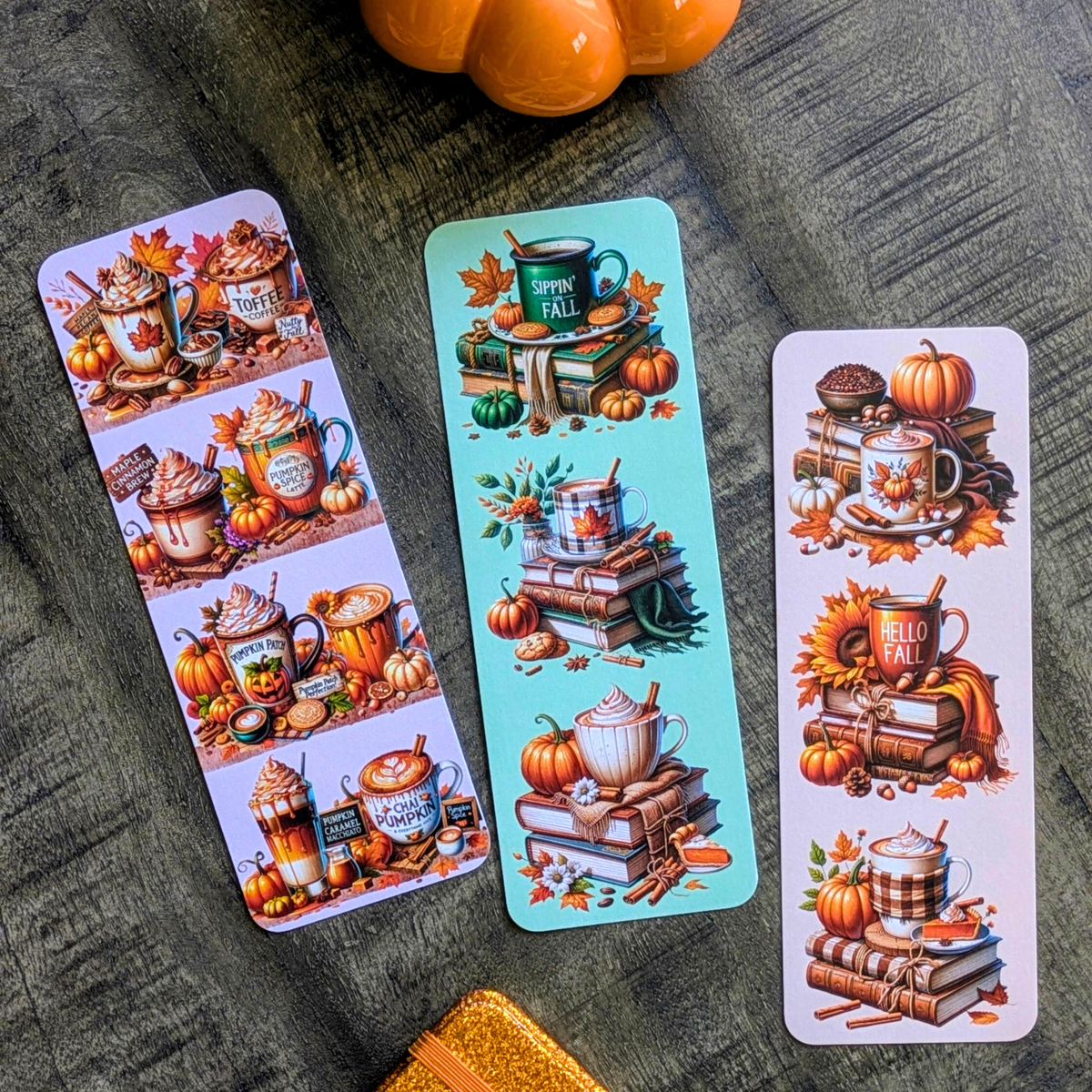 Lot de 3 marque-pages « Automne Gourmand » – Beige, Vert & Vieux rose